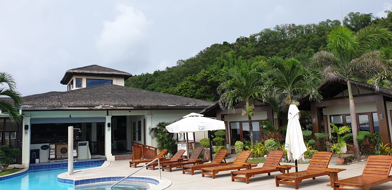 Pool and clubhouse view in Kahuna Beach Resort in San Juan La Union