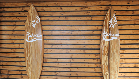 Kahuna surf boards on the wall at Kahuna Beach Resort in San Juan La Union